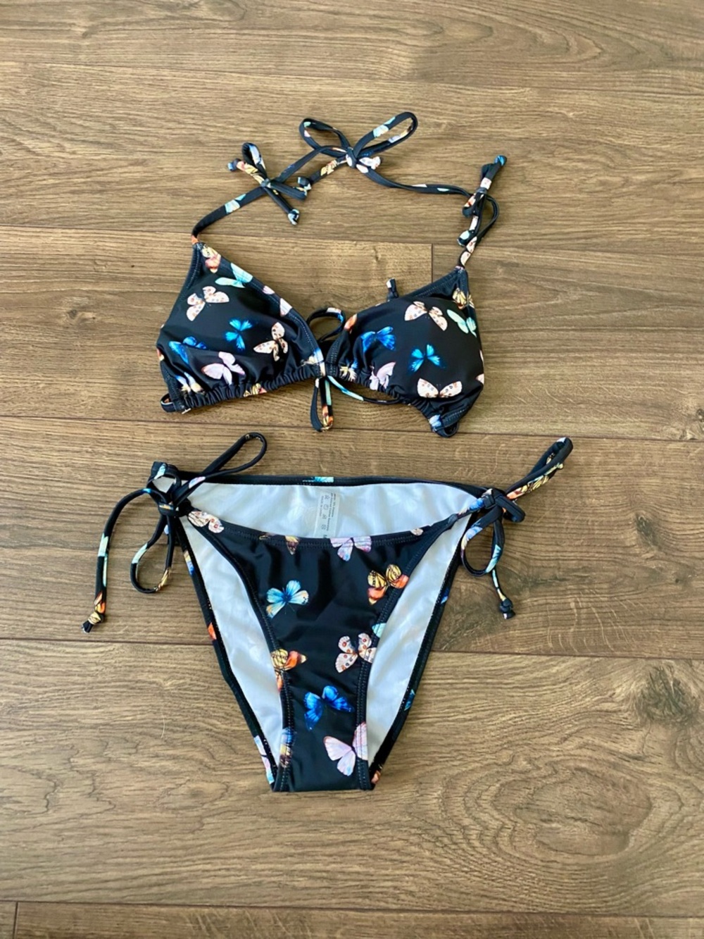 New SHEIN Black Butterfly Print Tie Bikini Set